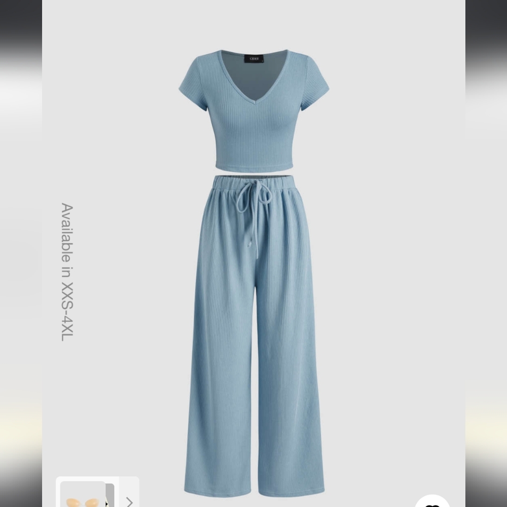 Cider V-neck Short Sleeve Crop Tee & Knotted Wide Leg Pants Set